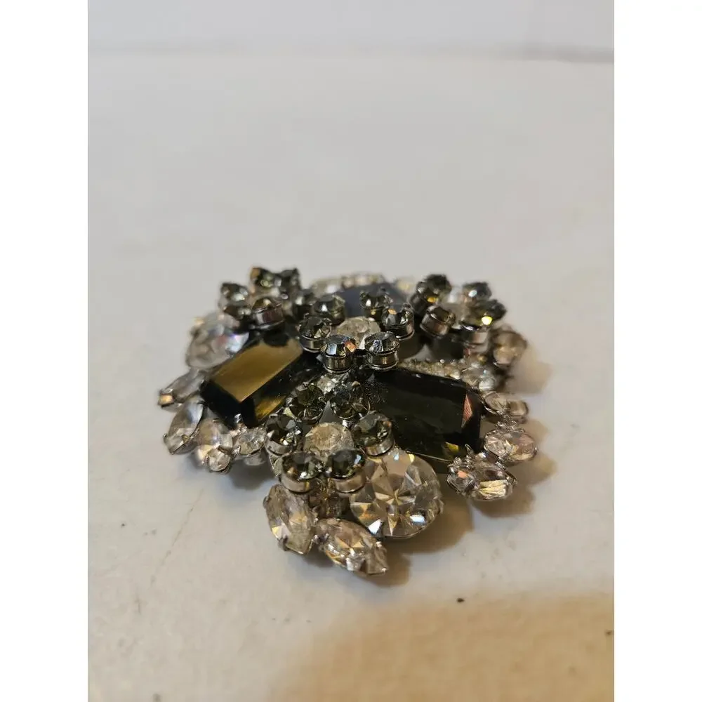 Vintage Smoky Gray Rhinestone Brooch Silver Tone Statement Pin Unsigned 1960s